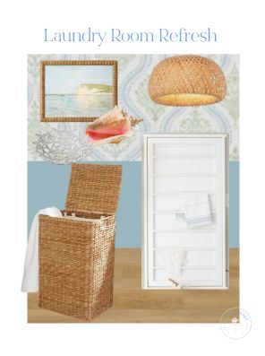 Coastal laundry room makeover with rattan, wicker, blues and greens.