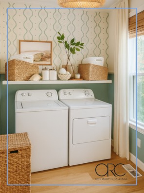 Interior design concept board of laundry room for One Room Challenge by Lakeshore Interior Design